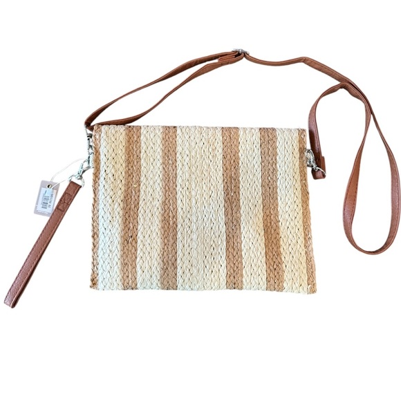 Cream & Tan Two Tone Straw & Sequin Clutch Wristlet or Crossbody Bag NWT - Picture 5 of 13